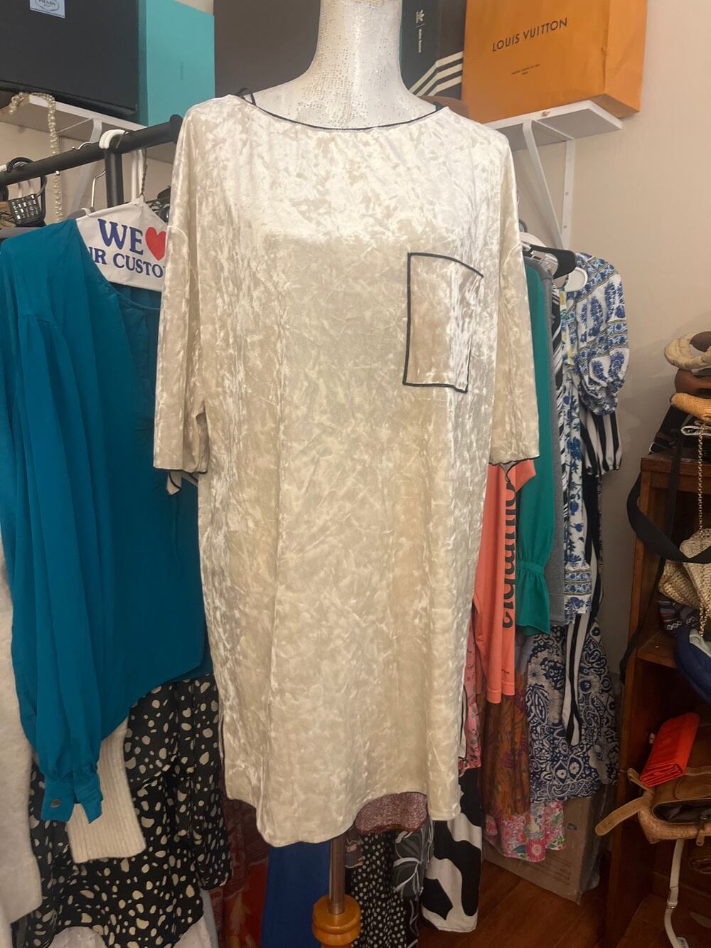 Zara Champagne Crushed Velvet Shift Dress Oversized Pocket Tunic